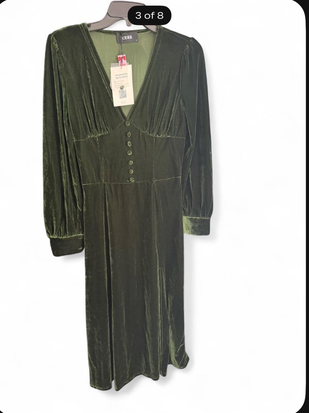 Cider Dark Green Velvet Long Sleeve Midi Dress - Picture 3 of 7